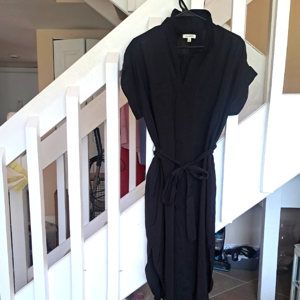 Max Studio Casual Black Short Sleeve Pockets Rounded Hem Collar Dress Sz S EUC